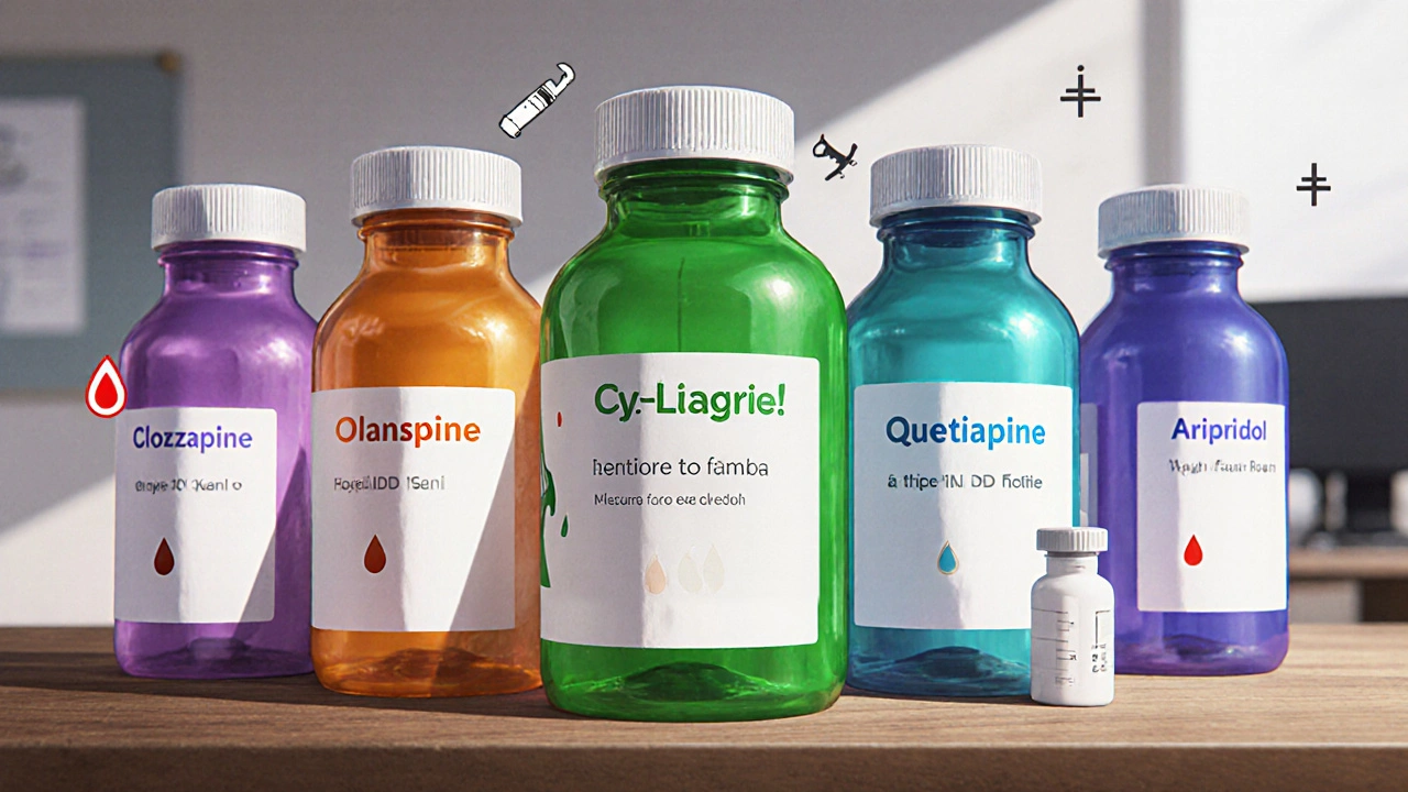 Array of antipsychotic pills with visual symbols for clozapine's blood draw and weight risk, anime Gekiga style.