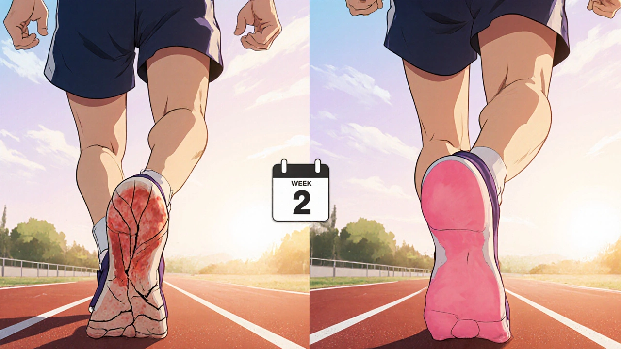 Before-and-after of a runner&#039;s heel: cracked and healed, with a calendar indicating two weeks.