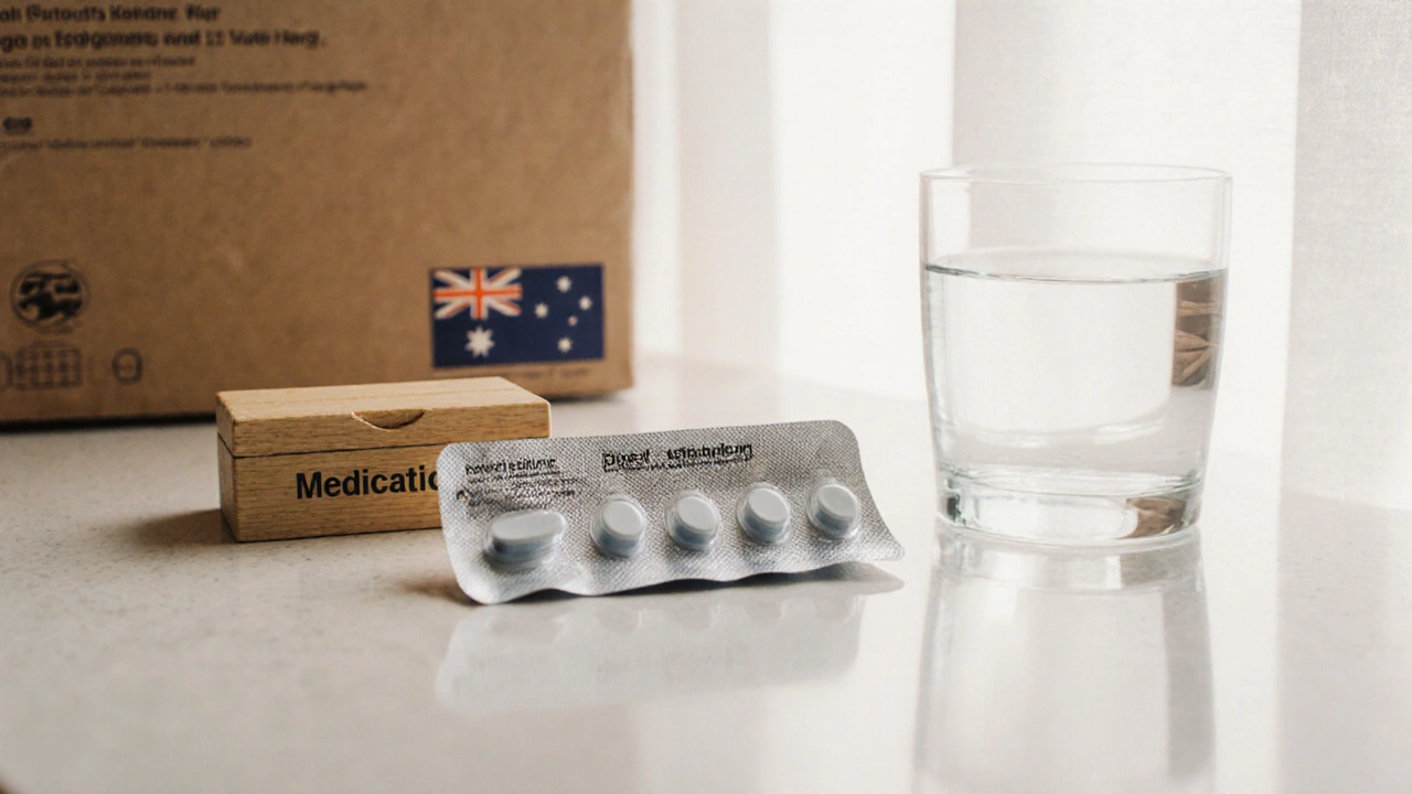 Blister pack of generic escitalopram on kitchen counter with water glass and delivery box.
