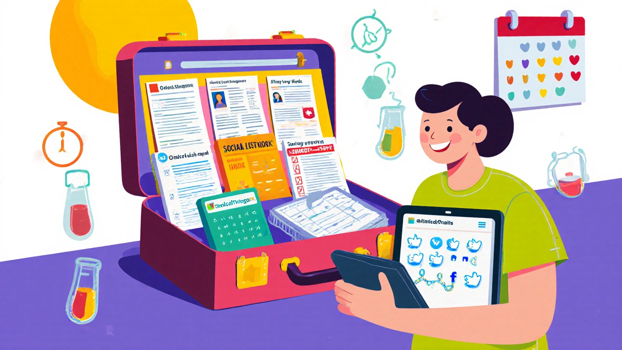 Cartoon patient opening a toolkit with documents, tablet, and lab reminders.