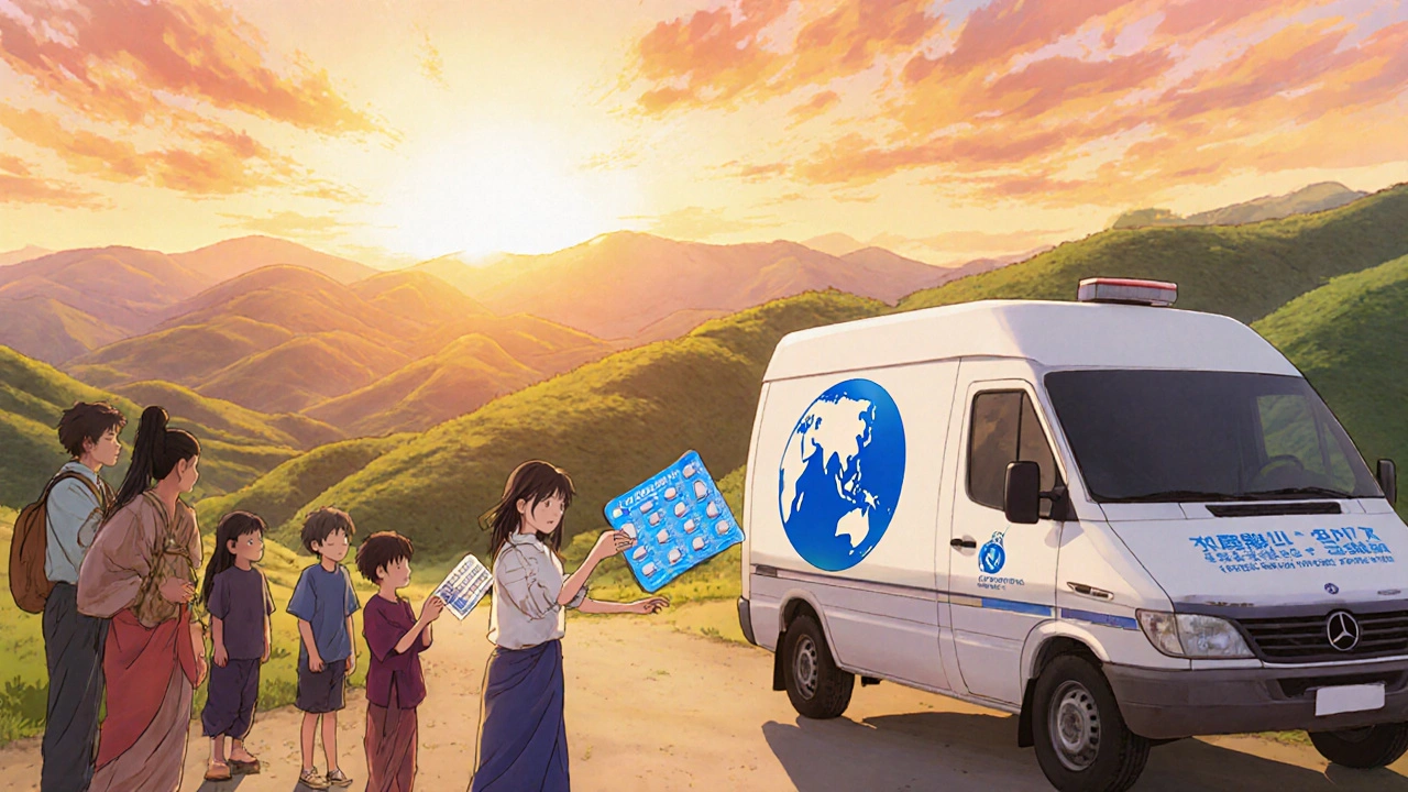 Community health workers distribute generic hepatitis C pills in a sunrise‑lit outreach setting.