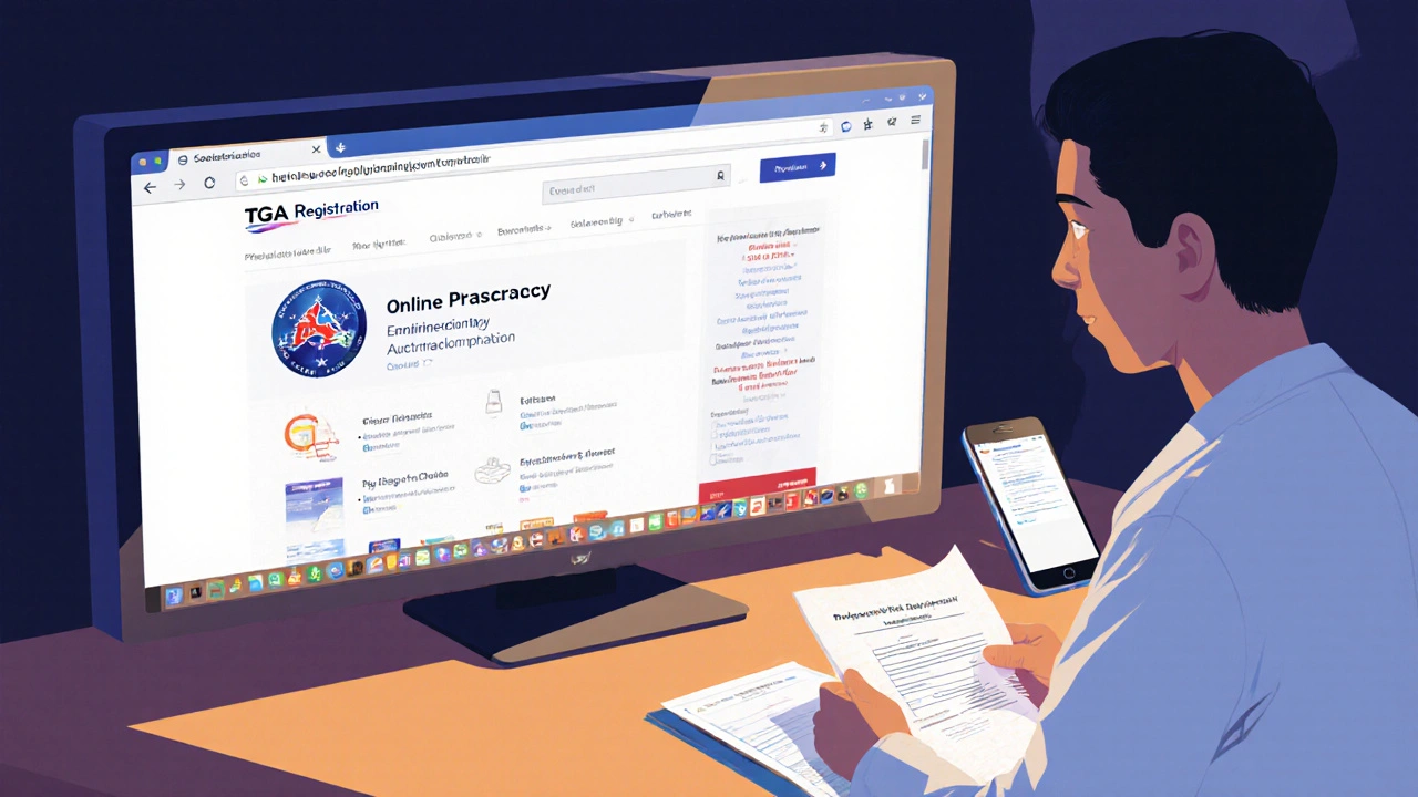 Computer screen showing verified pharmacy site with pharmacist reviewing prescription nearby.