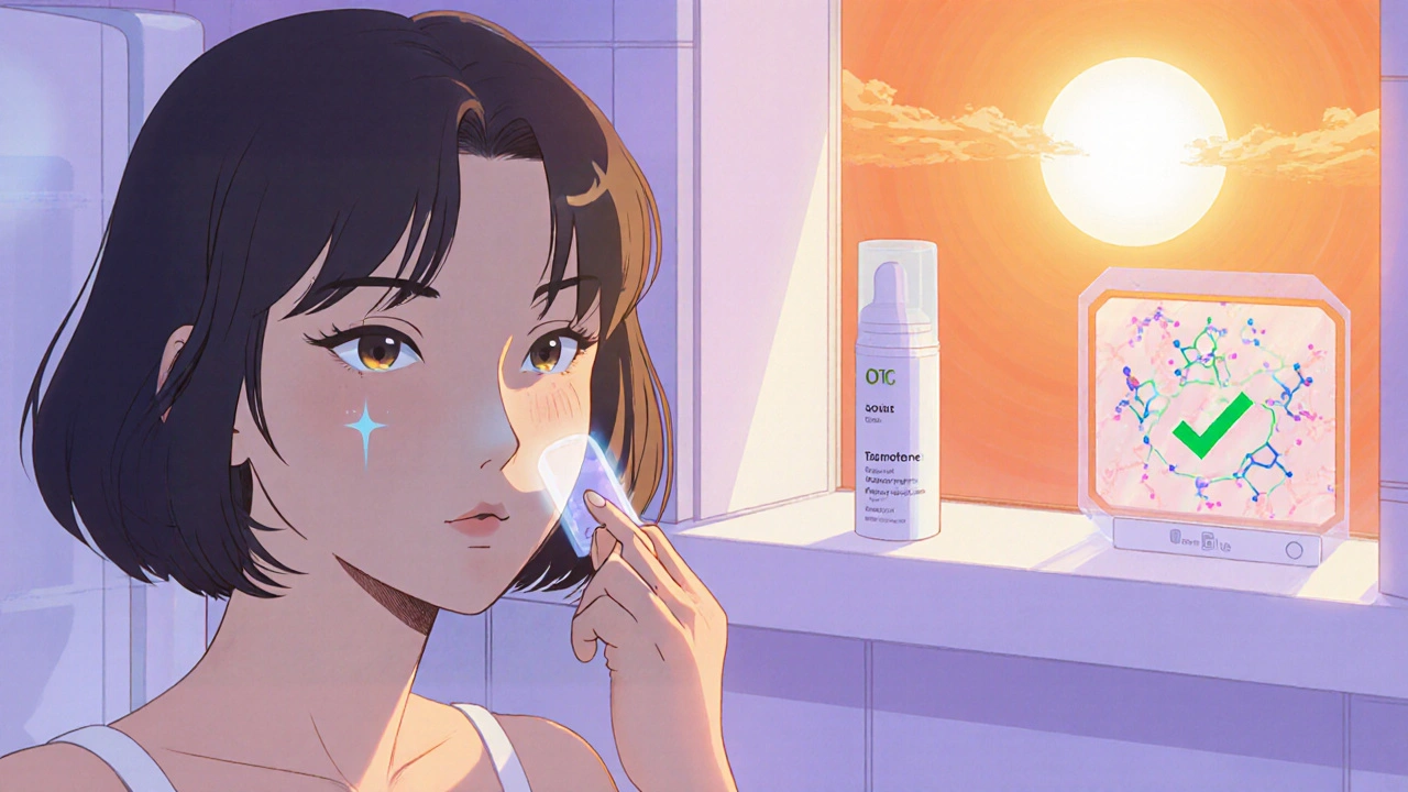 Consumer applying a microneedle patch with OTC soft-tazarotene cream on a shelf.