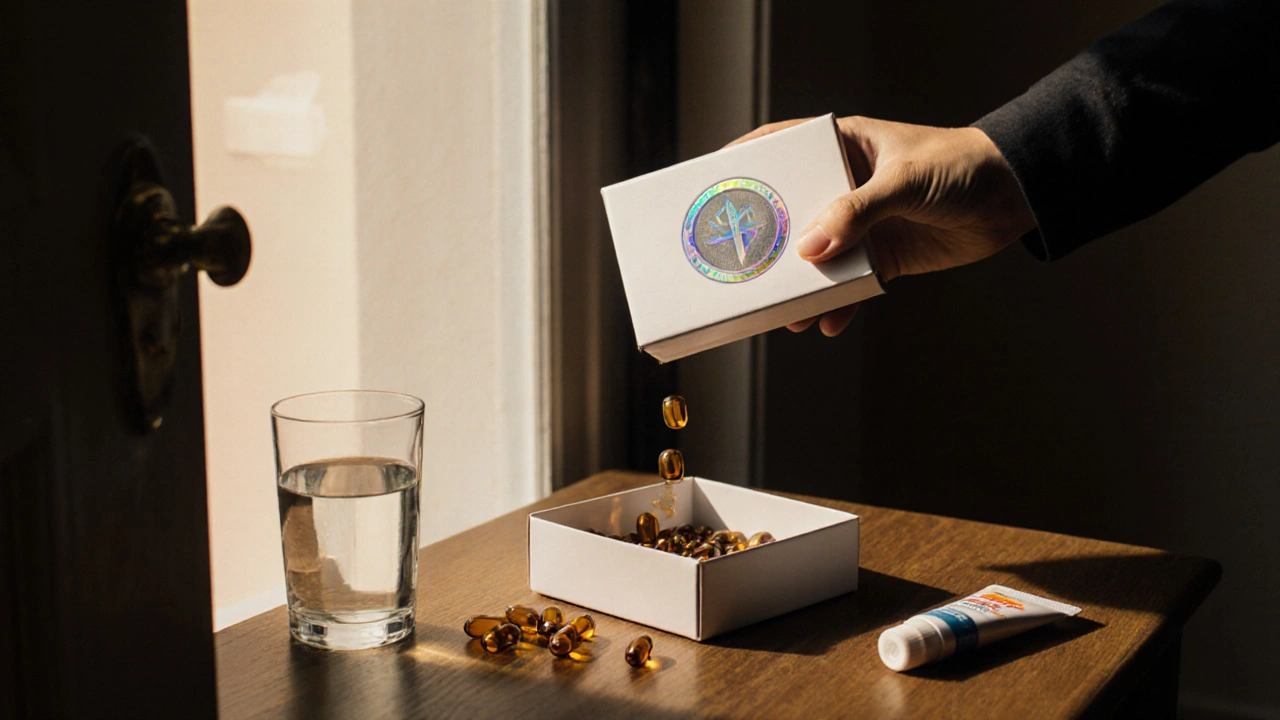 Courier delivering medication box; capsules, water glass, and sunscreen on table.