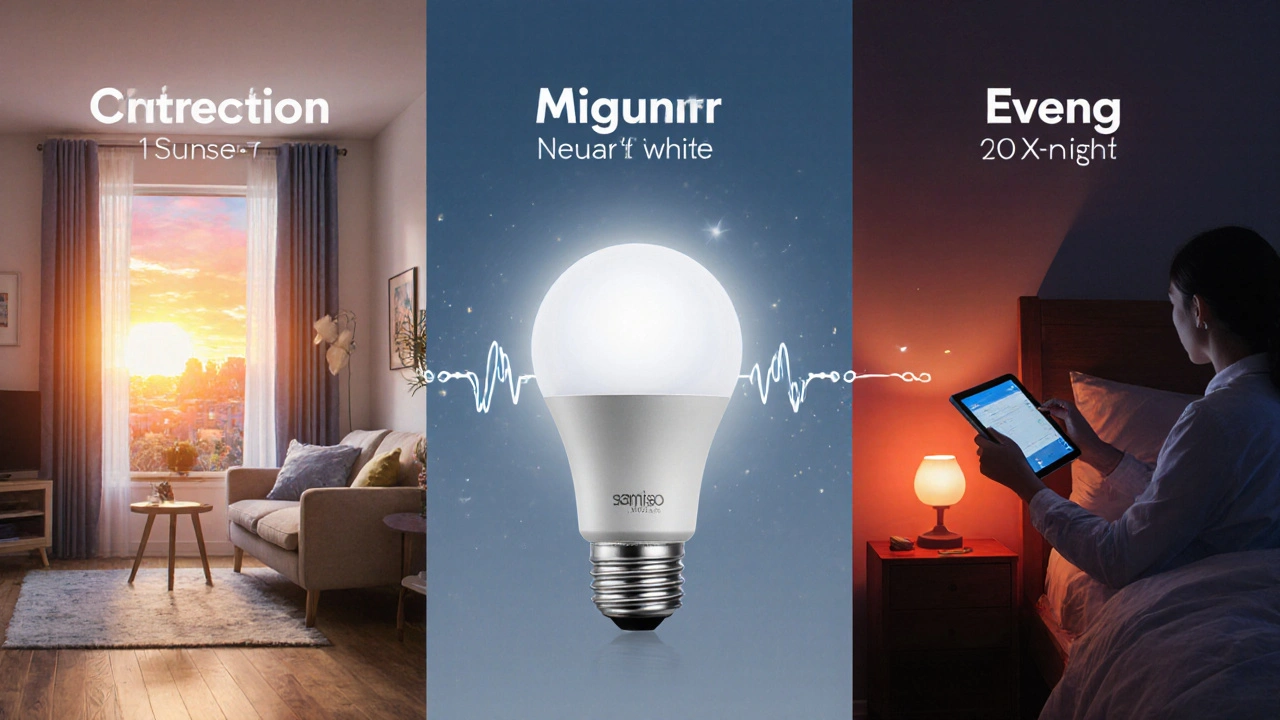 Digital illustration of a day‑to‑night smart lighting routine showing sunrise, midday, and evening.