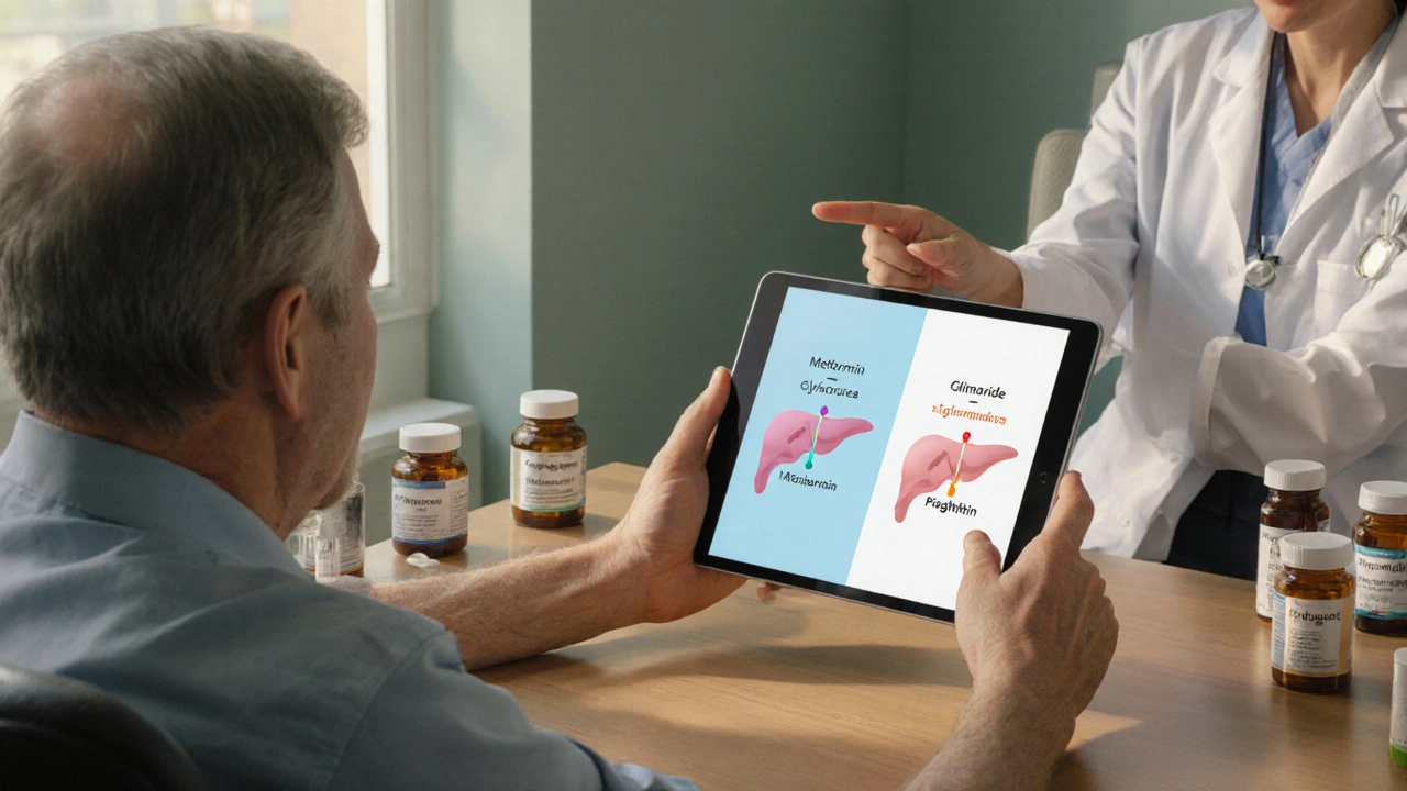 Doctor and patient discussing diabetes meds with visual diagrams of drug mechanisms.
