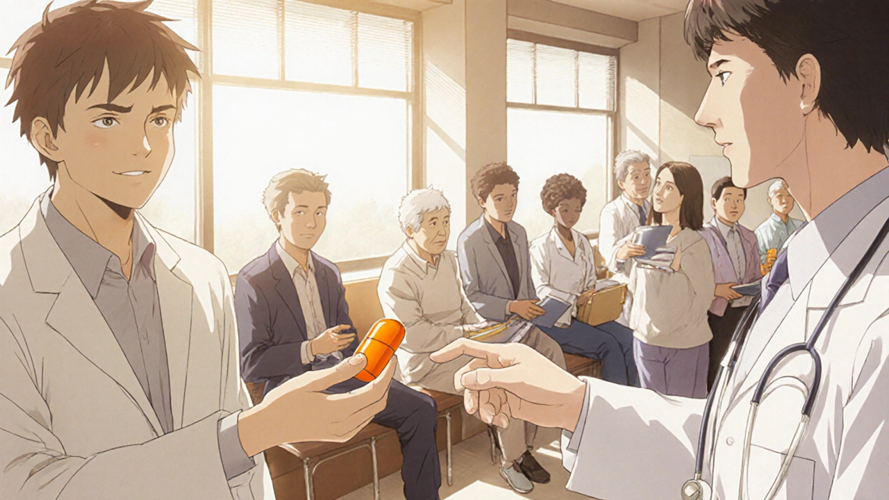 Doctor hands an orange Harvoni pill to a smiling patient in a hopeful clinic scene.