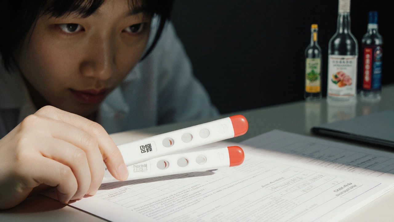 Doctor placing blood test results on table with faint alcohol and supplement shadows.