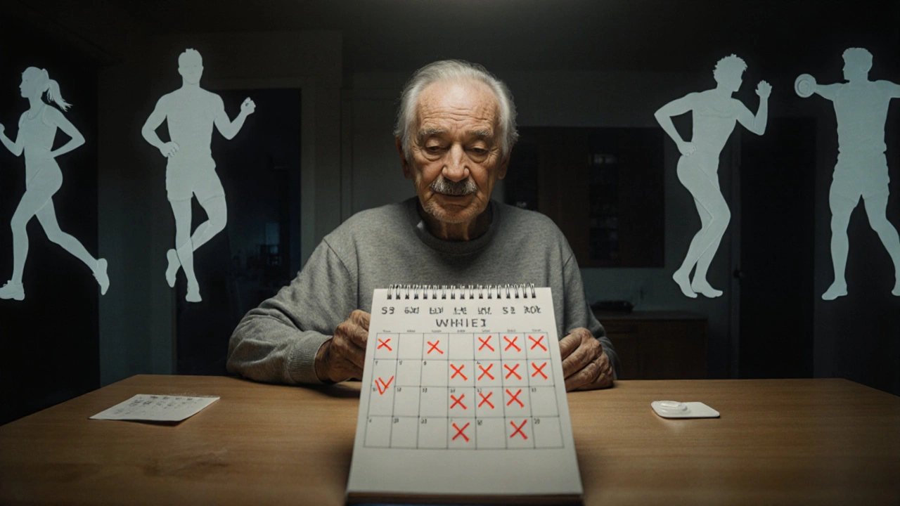 Elderly man at table surrounded by fading memories of active life, one topical patch glowing.