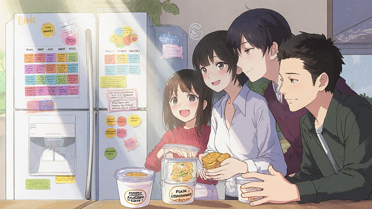 Family using a fridge calendar and snack containers to support gastroparesis care.