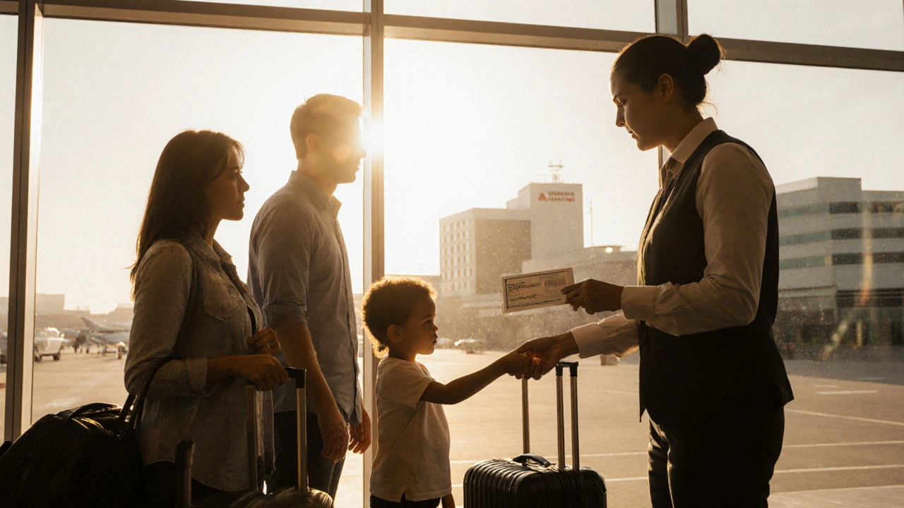 Family with luggage receiving travel support from volunteer, heading to hospital.