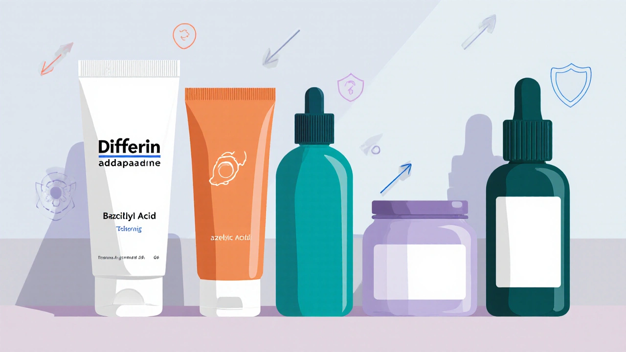 Flat illustration of five acne‑treatment bottles arranged on a vanity.