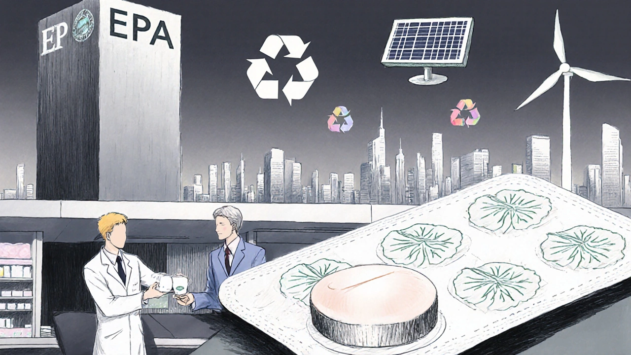 Gekiga depiction of a sustainable future with renewable energy, a doxepin pill, and regulators.