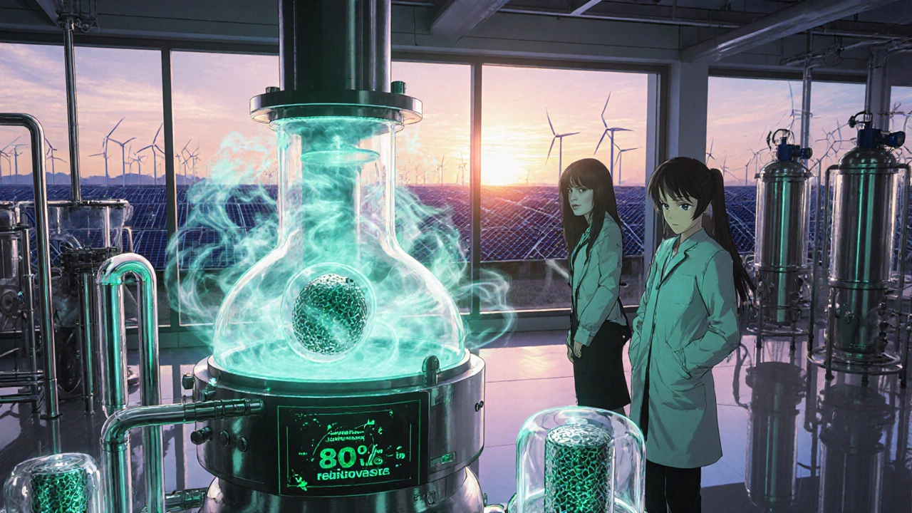 Gekiga scene of a green‑chemistry lab using supercritical CO₂ and recyclable catalysts.