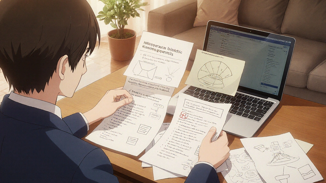 Individual preparing a hand‑out about diabetic gastroparesis at a desk.