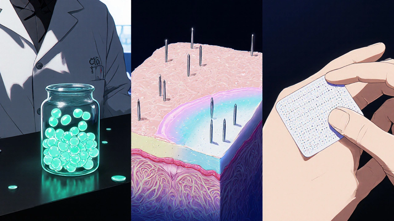 Lab scene showing nanoparticles, liposomes, and a microneedle patch delivering tazarotene.