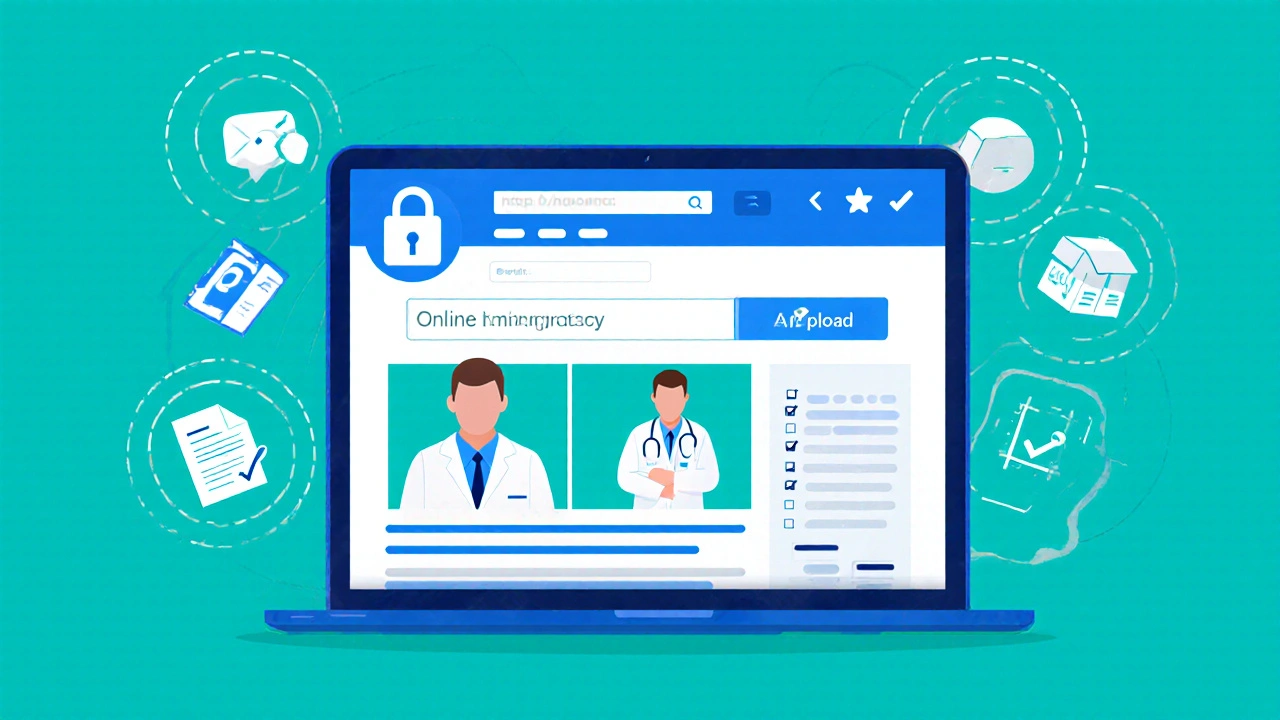 Laptop screen showing a secure pharmacy site with checklist icons.