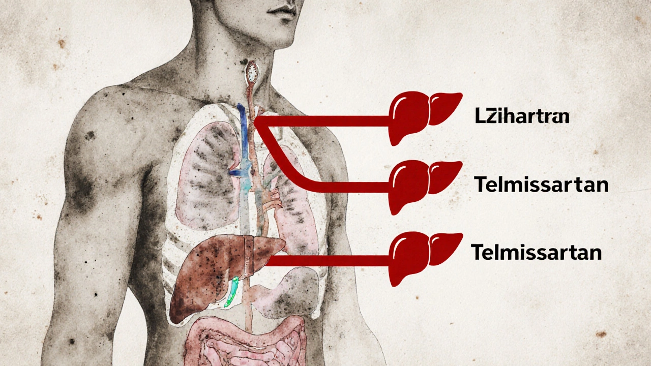 Medical diagram showing azilsartan primarily excreted by kidneys, not liver.