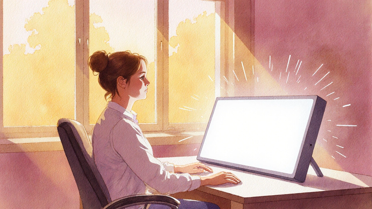 Morning light‑therapy session with a bright light box and sunrise streaming through windows.