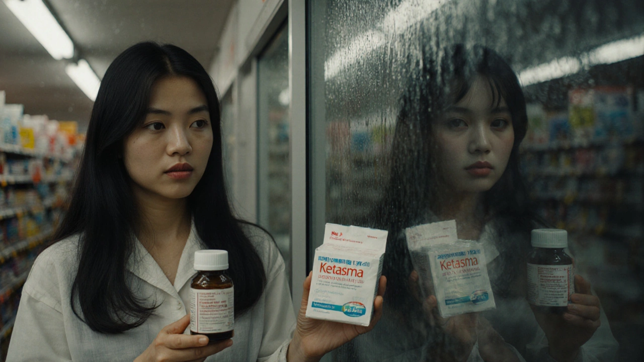 Mother in pharmacy choosing between Ketasma and Zyrtec, reflection showing past self.