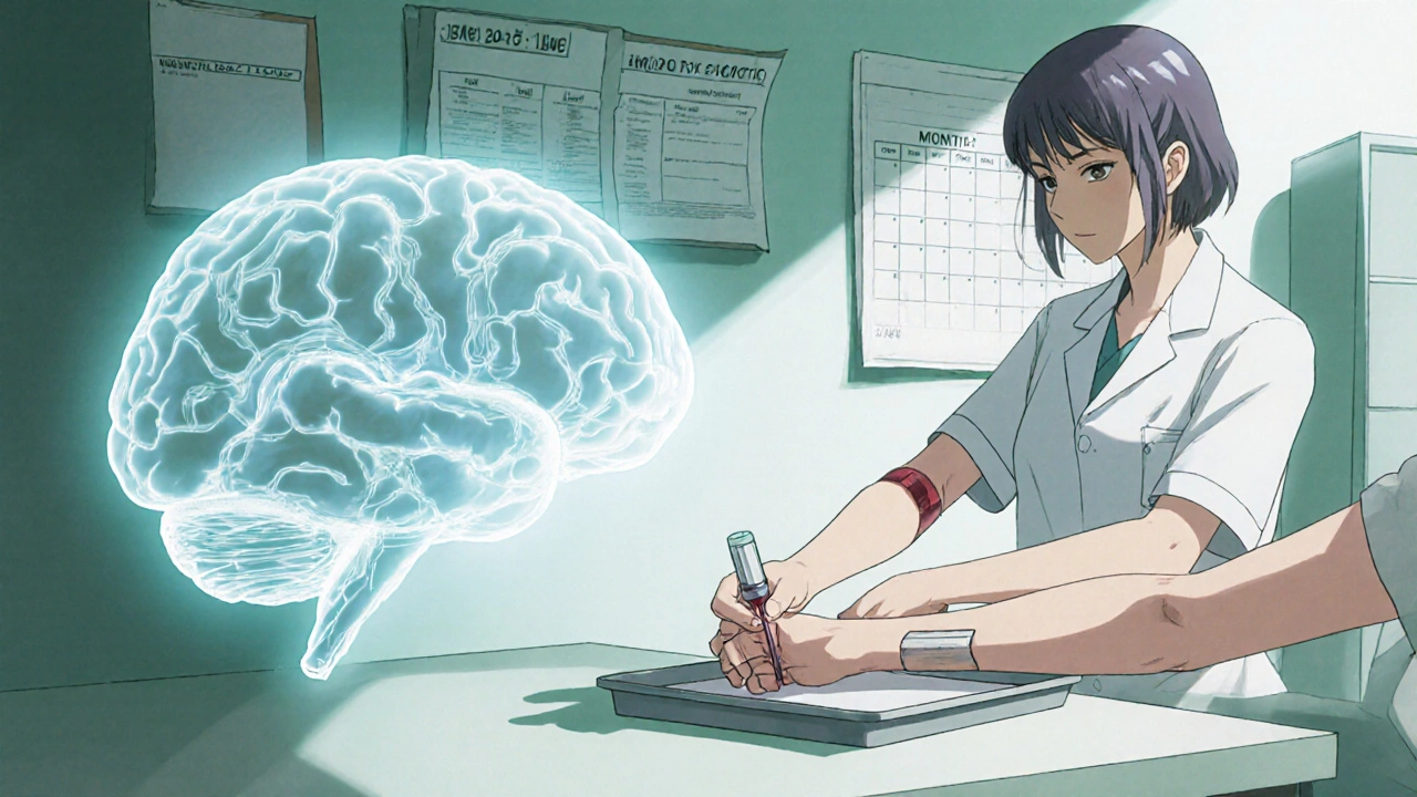 Nurse drawing blood while a calendar and brain illustration show monitoring, anime Gekiga style.