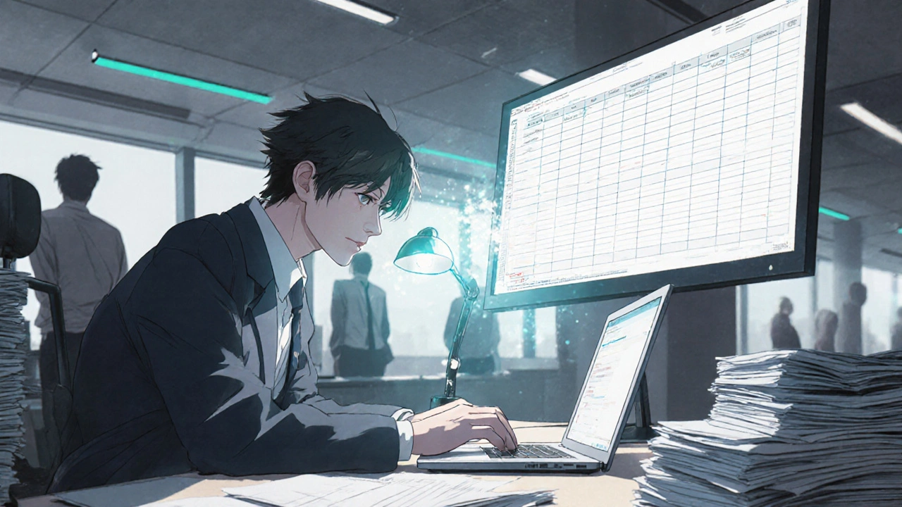 Office worker intensely focused at a desk, surrounded by documents and a glowing aura.