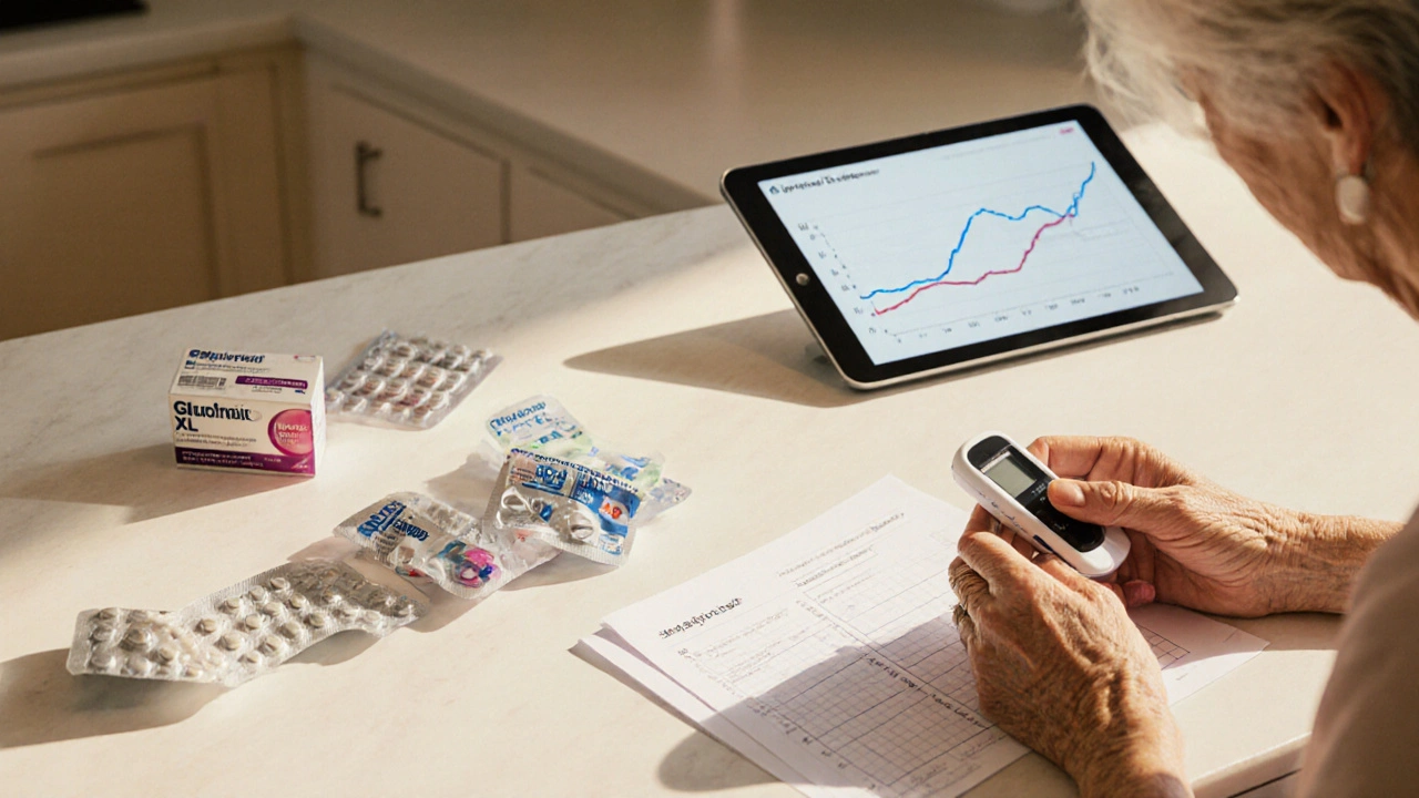 Older woman reviewing medication checklist and glucometer in a sunny kitchen.
