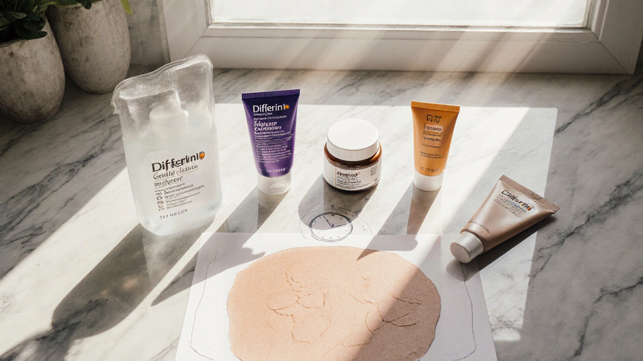 Overhead view of a skincare routine with cleanser, Differin, moisturizer, sunscreen, and a clock.