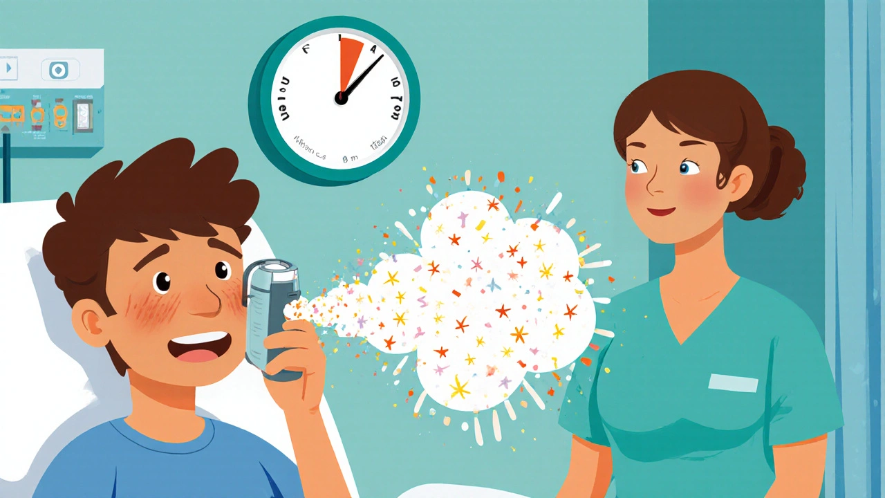 Patient using a loxapine inhaler with a bright burst and a clock showing quick calming effect in ICU.