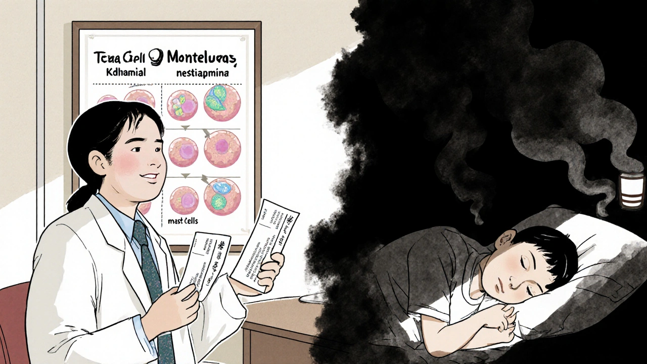 Pediatrician showing two asthma medications while a child watches a mast cell diagram.