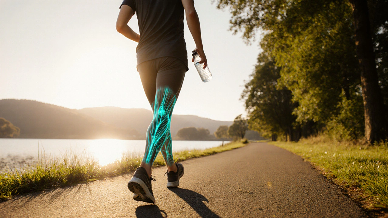 Person walking briskly in a park, sipping water, with subtle muscle activation overlay.