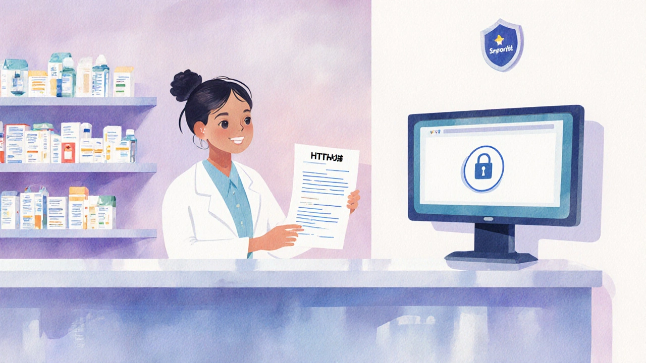 Pharmacist verifying a prescription on computer in a sunny pharmacy.