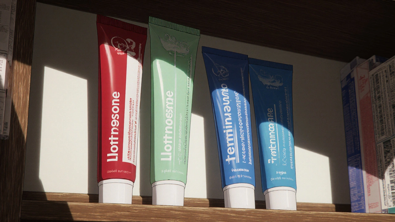 Pharmacy shelf displaying red, green, and blue cream tubes for different treatments.