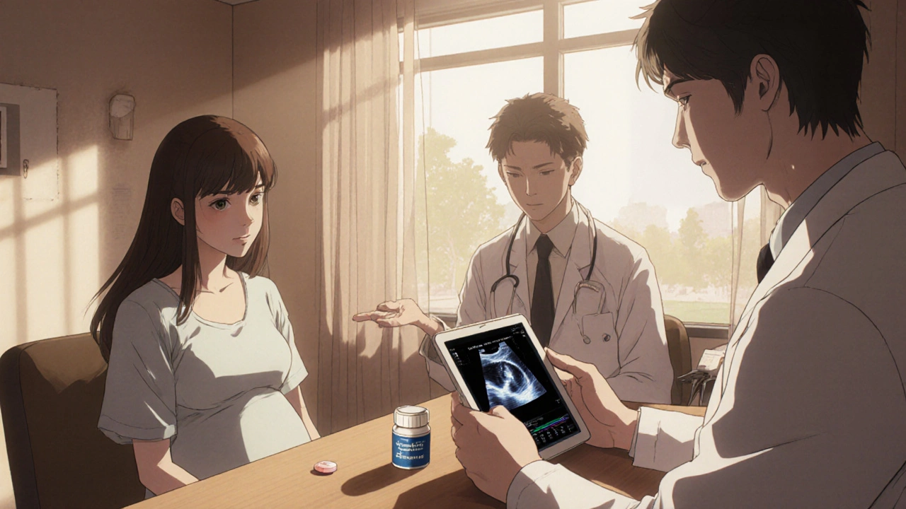 Pregnant patient consulting cardiologist and obstetrician with statin bottle and ultrasound.