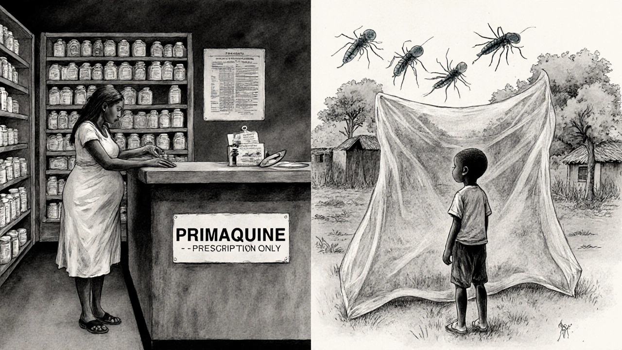 Pregnant woman turned away from pharmacy while child stares at mosquito net with parasite shadows