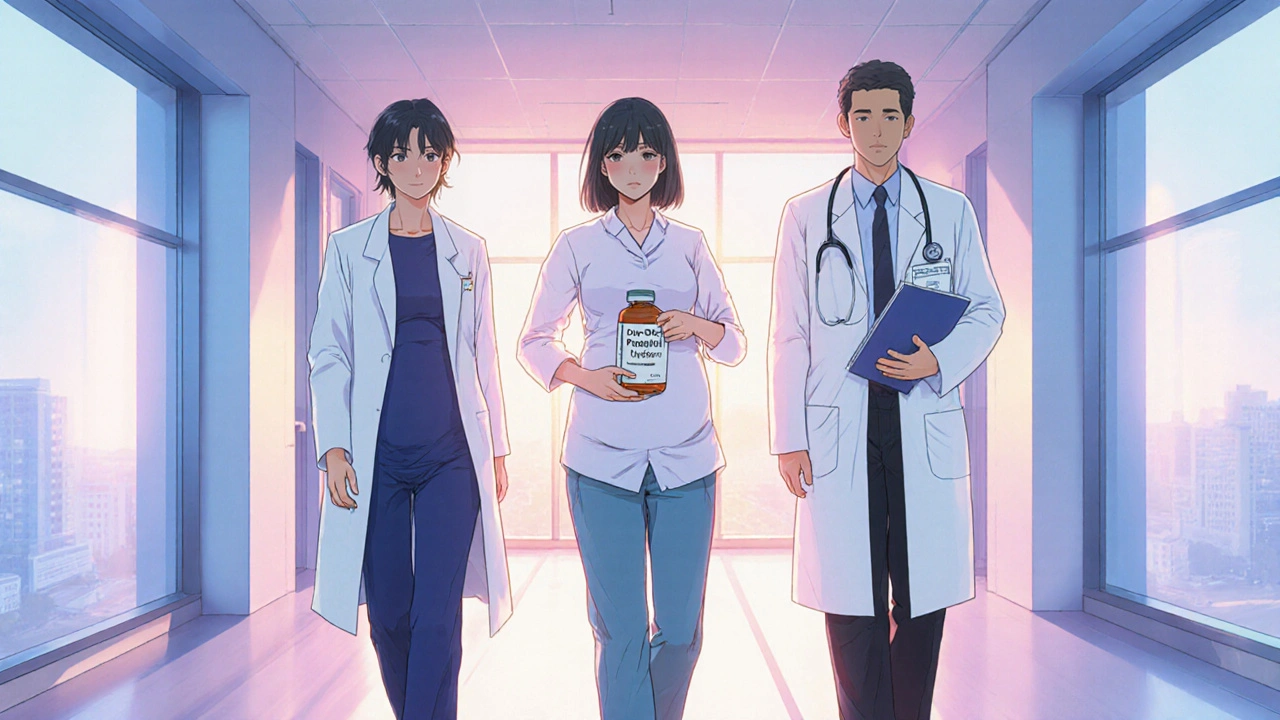 Pregnant woman with pravastatin bottle walking with cardiologist, specialist, and pharmacist.