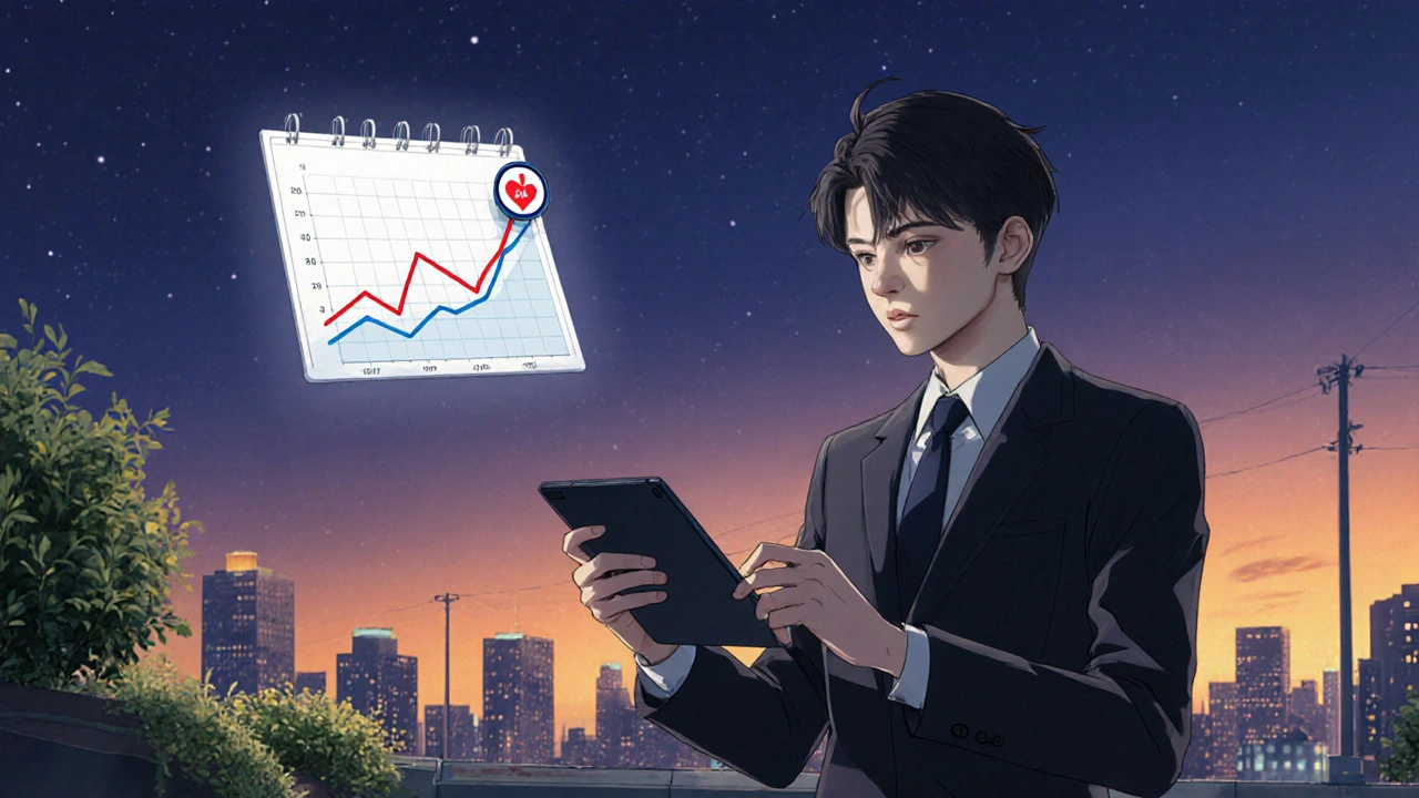 Professional on a rooftop at dusk, holding a tablet with a rising graph and health icons.