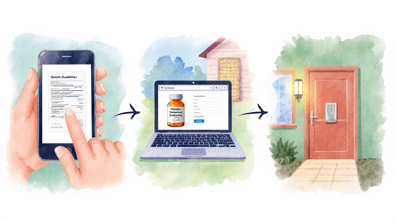 Three watercolor panels showing photo of prescription, online order, and delivery box.
