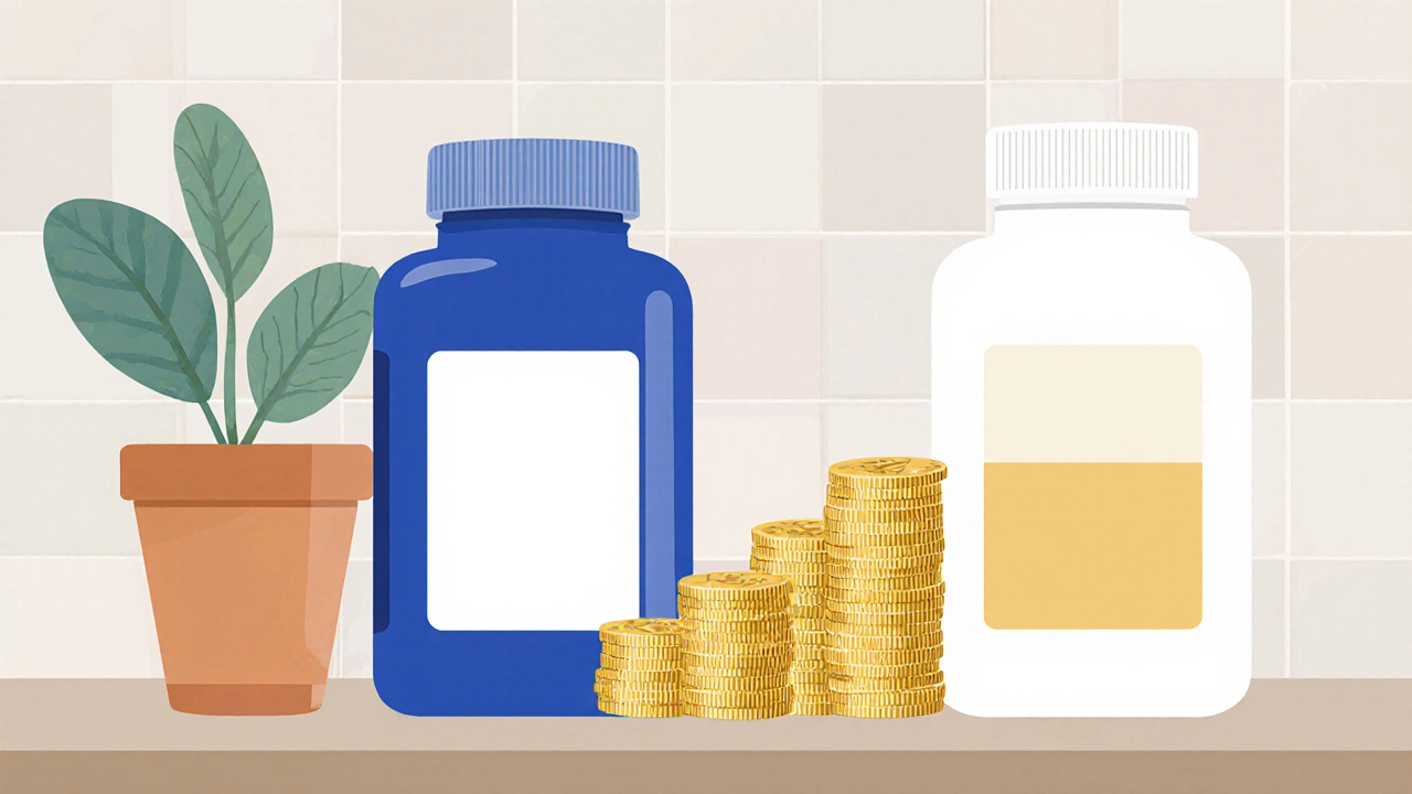 Two medicine bottles with a stack of coins showing cheaper generic option.