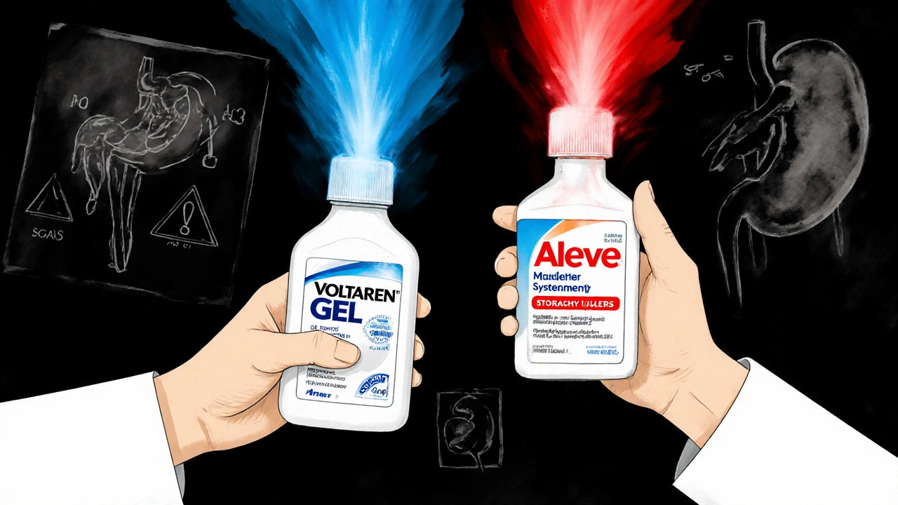 Two pain relief options with energy trails, medical warnings fading in background.