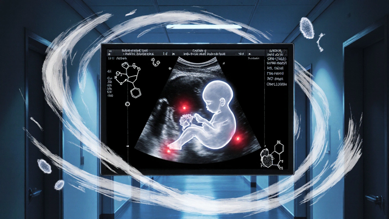 Ultrasound screen showing fetal malformations with ghostly overlays of immune cells.