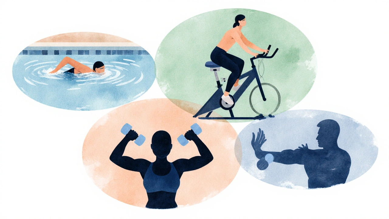 Watercolor collage of swimming, cycling, strength training, and pelvic floor exercise.