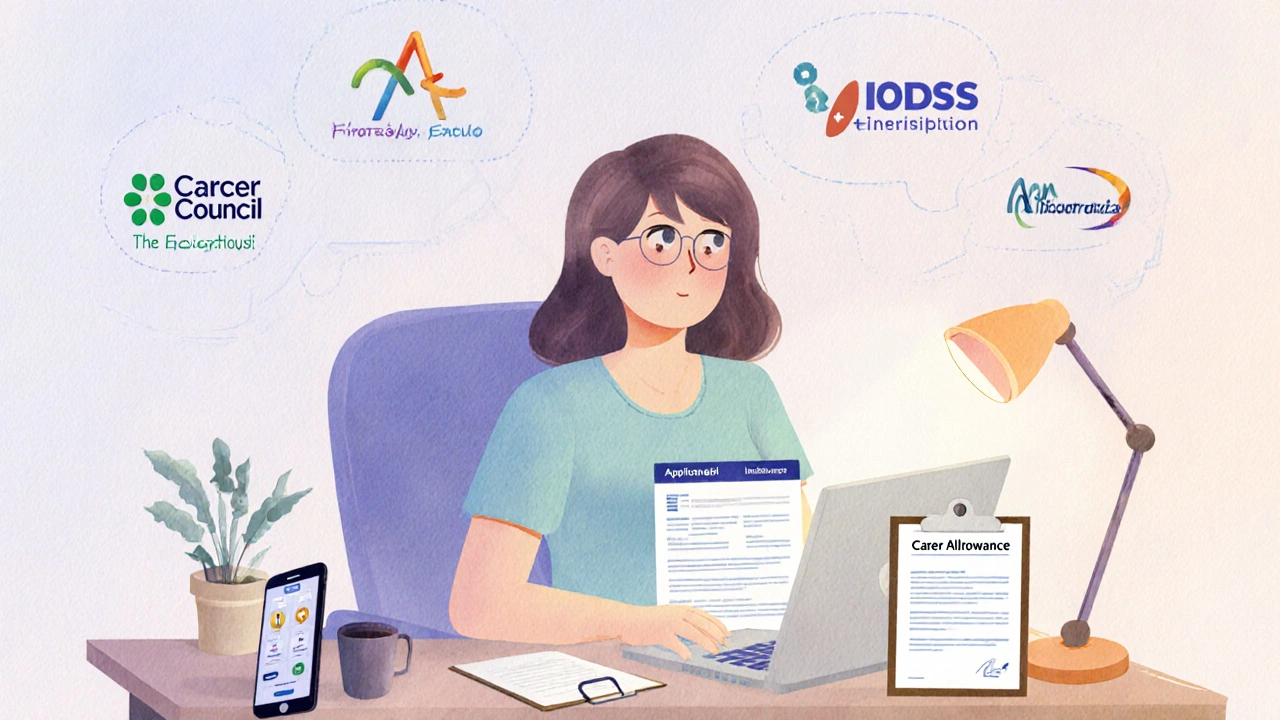 Woman using laptop, phone, and clipboard to apply for disability and charity aid.