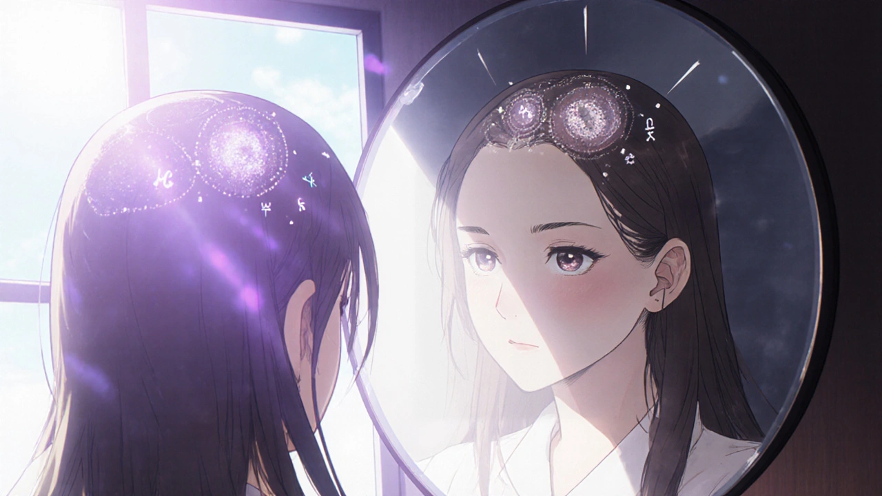 Woman viewing bald patches in a mirror, hair follicles highlighted by calcitriol symbols.