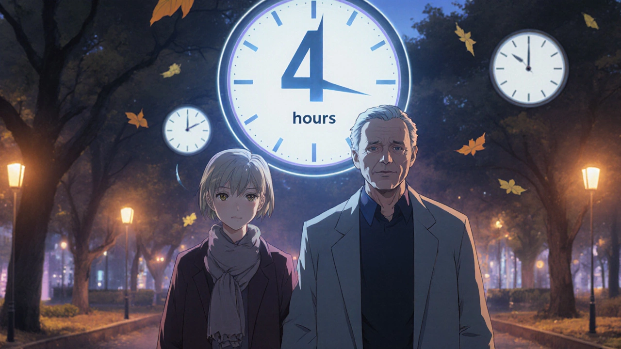 A couple walking in a park at twilight, with a translucent clock showing Snovitra&#039;s 4-hour effect.