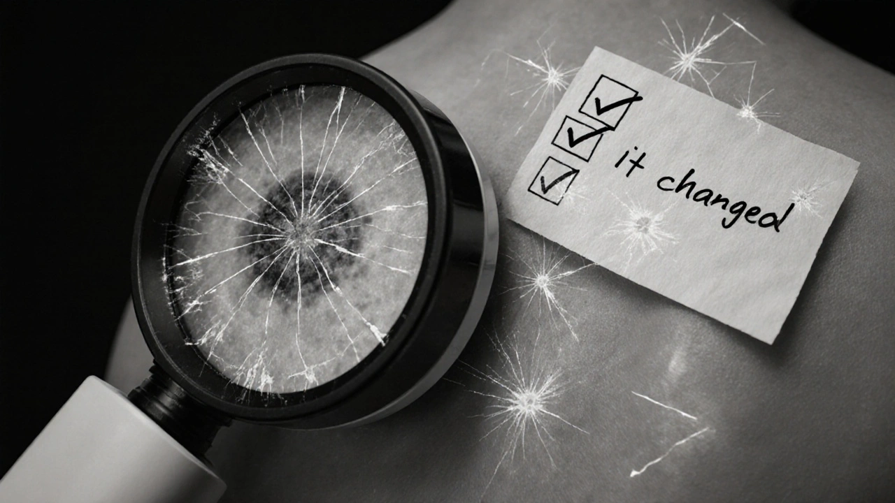 A dermatologist using a dermoscope as ABCDE icons crack around a magnified mole.