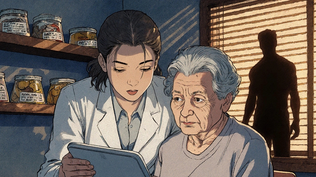 A dietitian helps an elderly woman use a protein calculator app with labeled kidney-friendly foods.