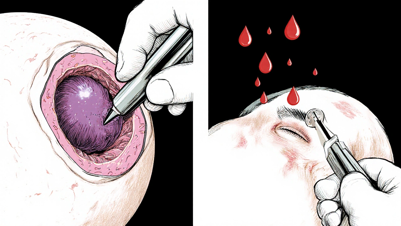 A doctor draining a painful thrombosed external hemorrhoid with precise medical action in a clinical setting.