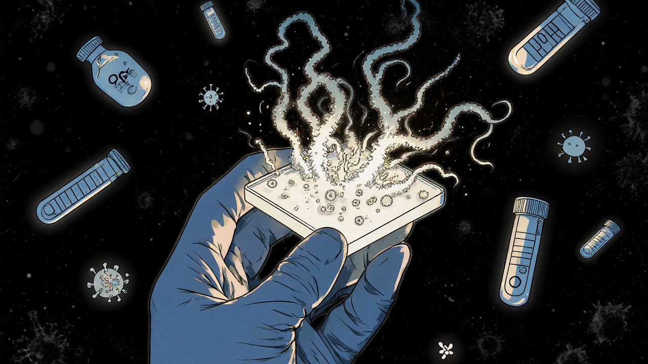 A doctor examining a medical sample under a microscope, revealing glowing pathogens bursting from the slide.