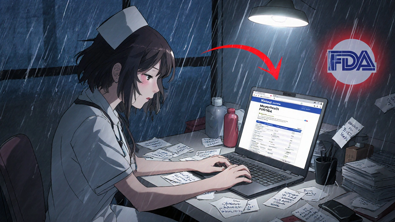 A nurse types urgently on a laptop with MedWatch open, surrounded by handwritten drug notes under flickering light.